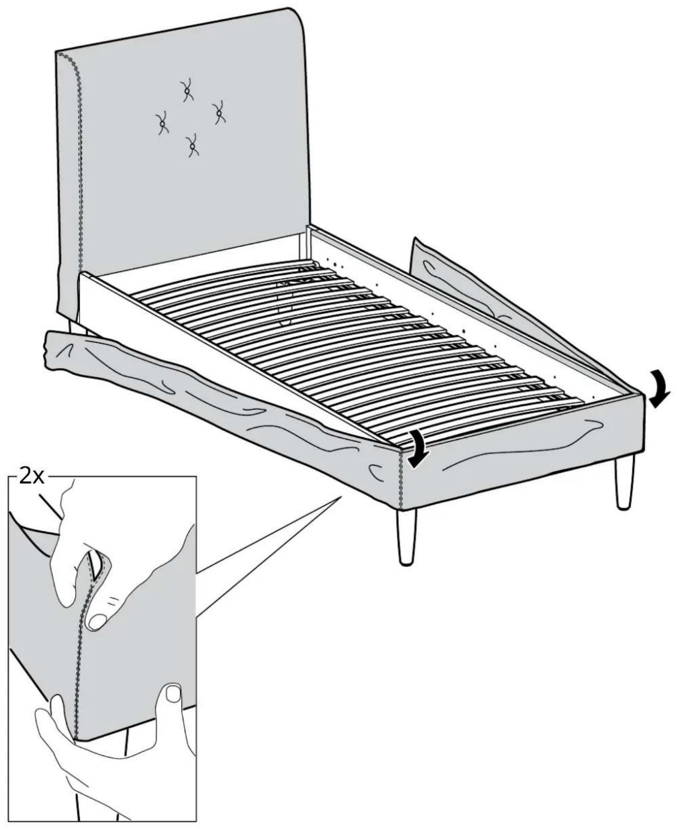 Diagram illustrating a bed mat with a lid, showing structural change and 2x magnification of the fold being held.