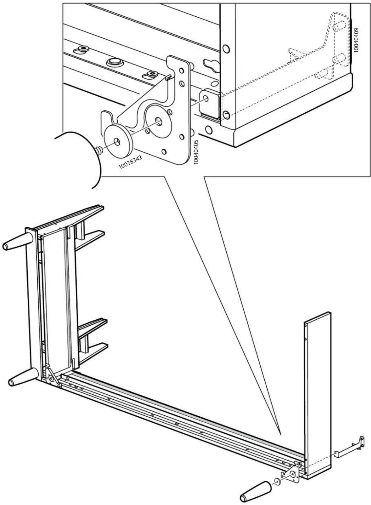 Technical drawing of a mechanical assembly with labeled parts and exploded views