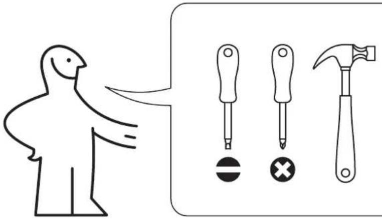 Illustration showing a person pointing to three different screwdriver tools: a hammer, a screwdriver with a circle and cross symbol, and a hammer on a square.