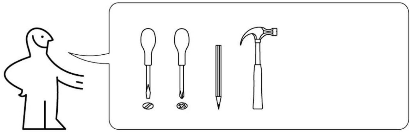 Illustration showing a bird figure pointing to four different tools: screwdriver, screwdriver with hammer, screwdriver with screwdriver, and screwdriver with hammer.