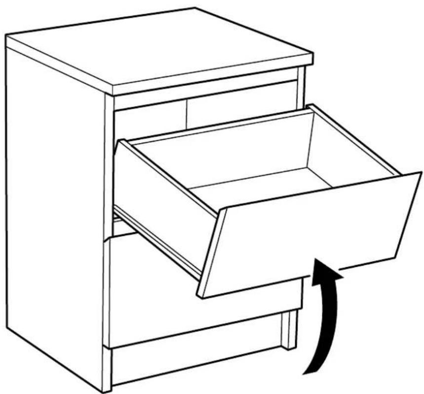 Line drawing of a wooden drawer with an arrow indicating a directional change (no text or symbols)