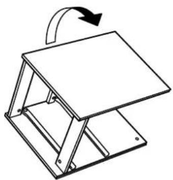 Simple line drawing of a folding table with an arrow indicating rotation (no text or symbols)