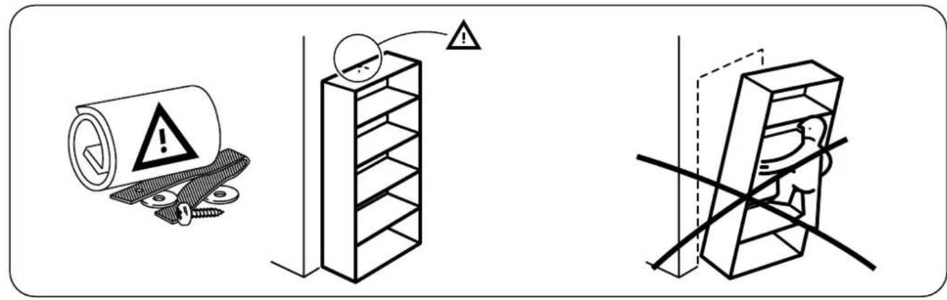 Safety warning illustration showing hazard and safety symbols for a road safety device, including a rolled cylindrical object and a person inside a container.