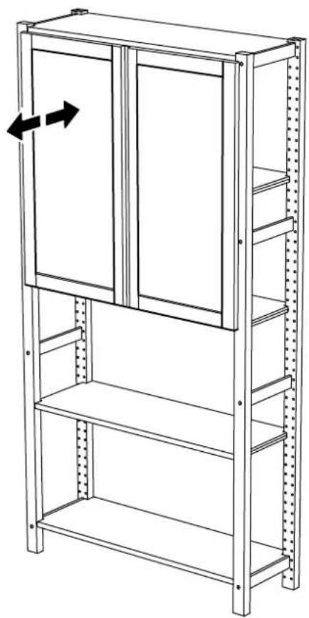 Line drawing of a multi-level metal shelving unit with one cabinet open, showing structural supports and two arrows indicating direction (no text or symbols)