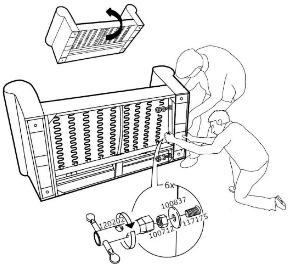 Technical diagram showing installation of a mechanical device with numbered components and a magnified view of the component being adjusted.