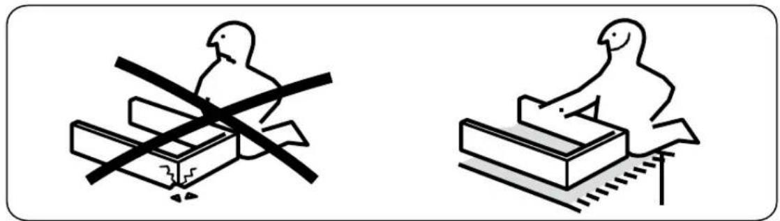 Two symbolic illustrations of birds in a boat, one with crossed lines and the other with a ladder (no text or symbols)