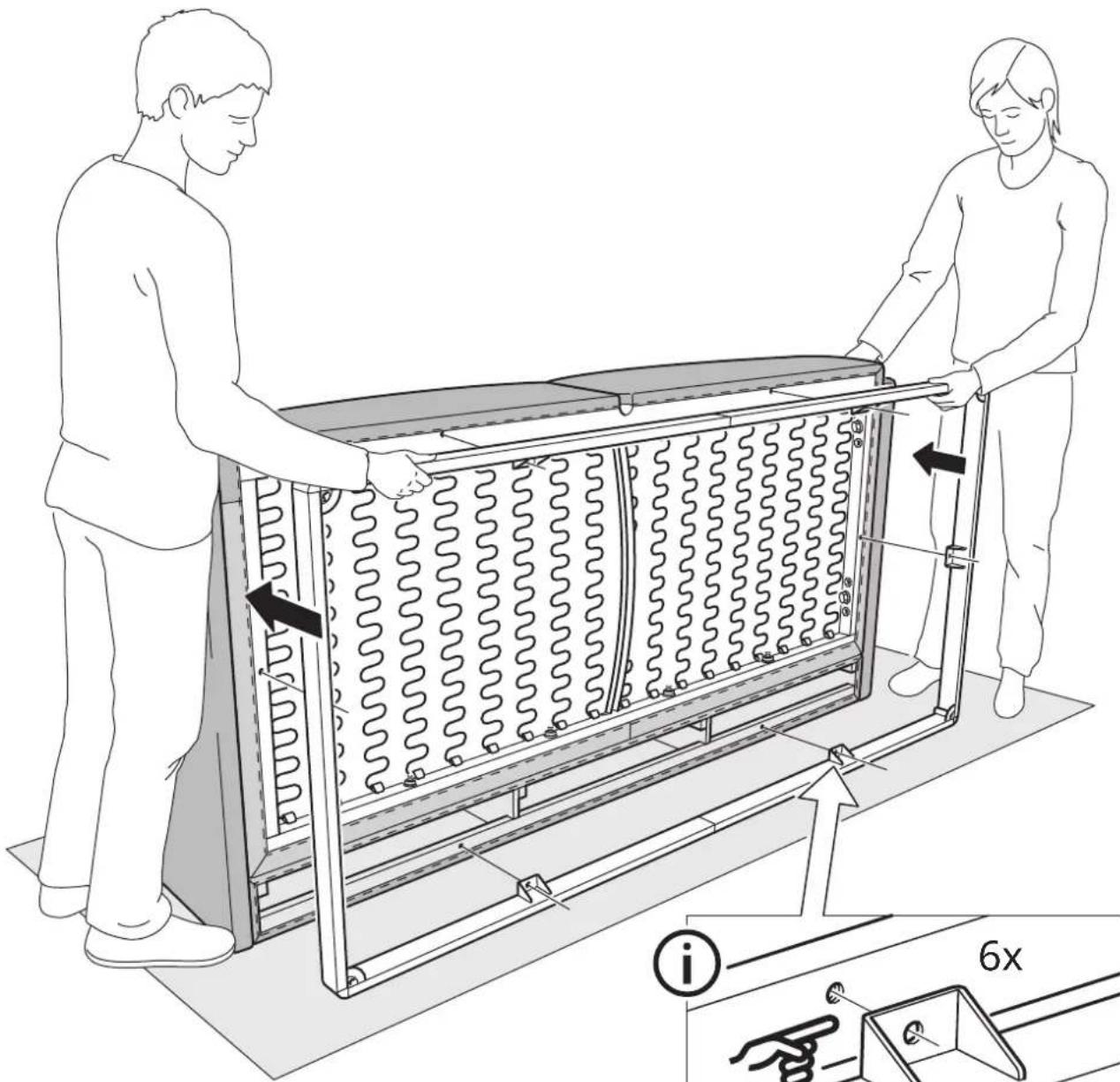 Technical diagram showing two workers assembling a coiled heating element with labeled components and directional arrows
