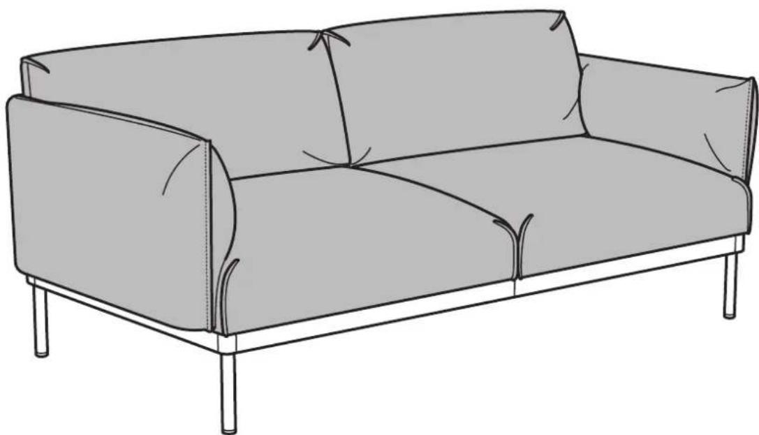 Line drawing of a two-seater sofa with visible stitching and side paneling (no text or symbols)