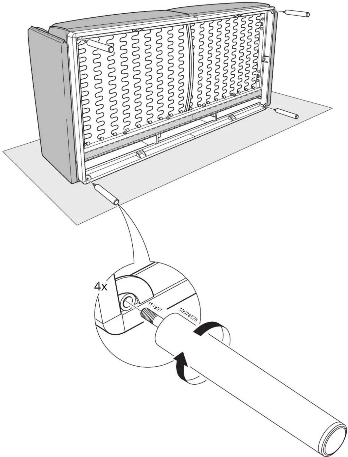 Technical diagram of a heat exchanger with labeled components and a magnified view showing internal winding structure and rotational motion.