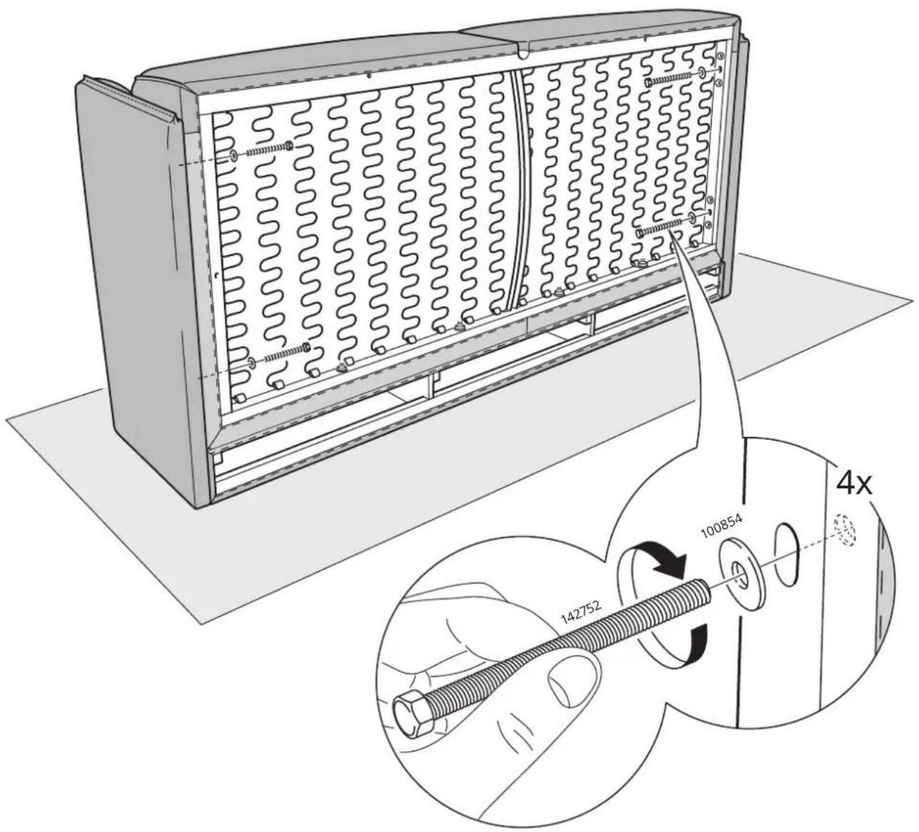 Technical diagram of a refrigerant rack with spring coils and a magnified inset showing mechanical assembly details including 142752, 100854, and 4x scaling.