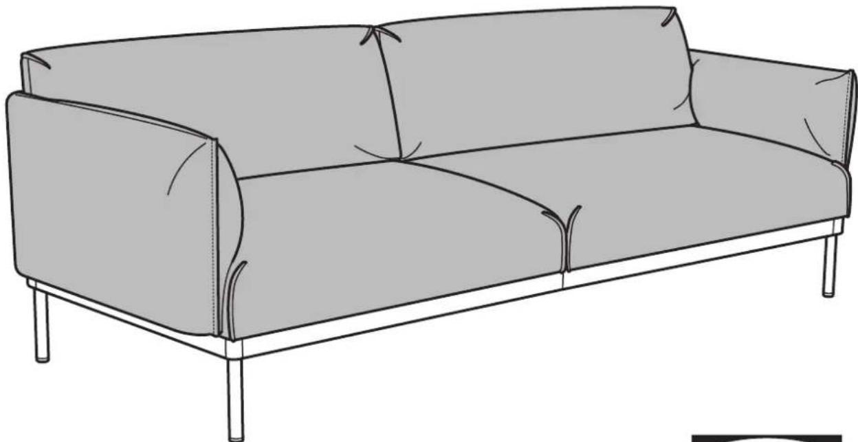Line drawing of a two-seater sofa with visible stitching and side supports (no text or symbols)