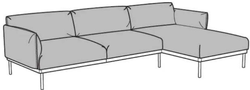 Line drawing of a gray sectional sofa with four legs and two side cushions (no text or symbols)