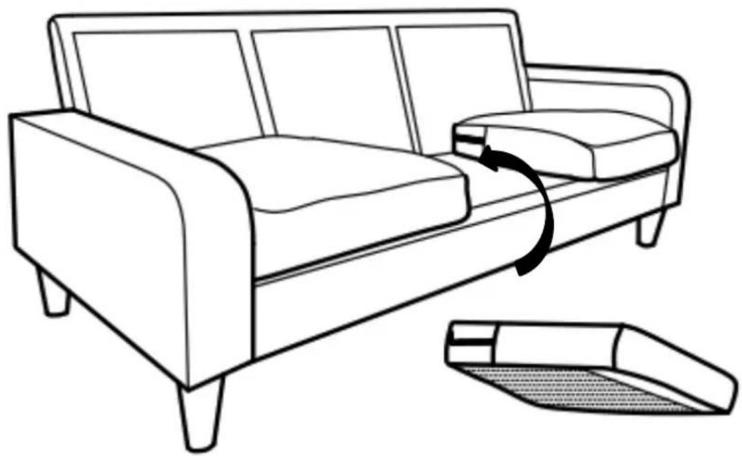 Line drawing of a sofa with a seatbelt and a side drawer, showing a mechanical shift or motion (no text or symbols)
