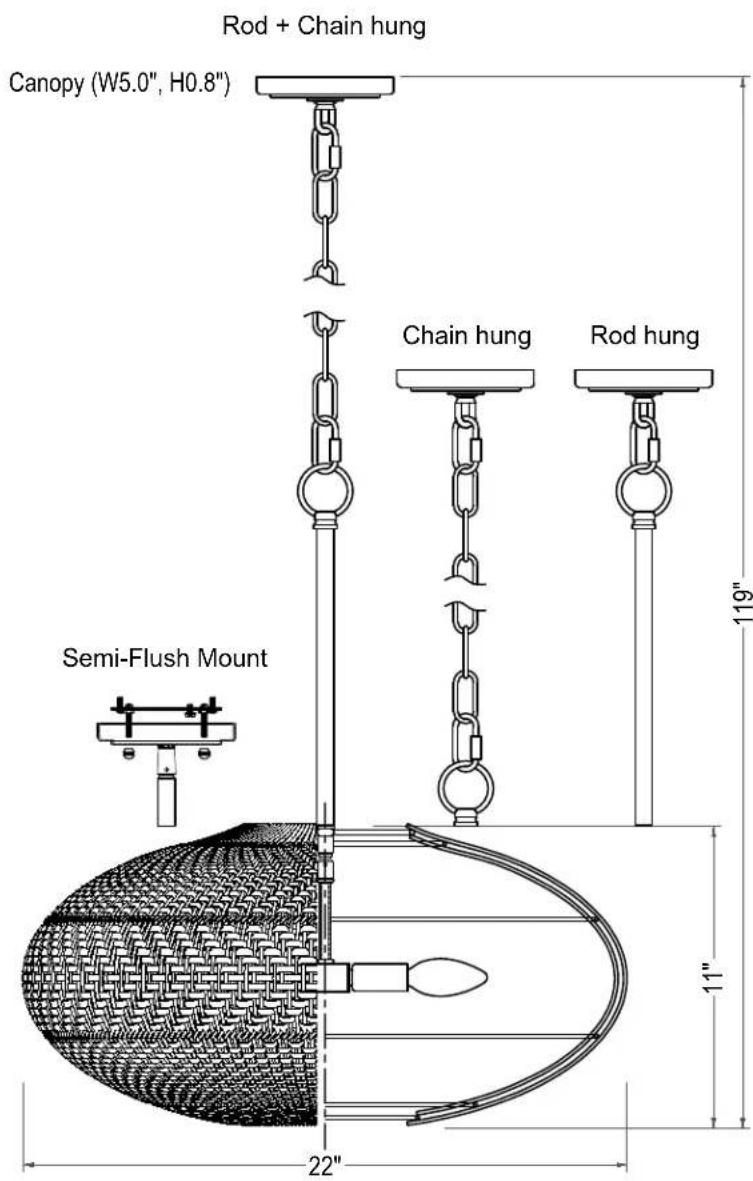 Rod + Chain hung Canopy (W5.0", H0.8") Chain hung Rod hung Semi-Flush Mount 119" 22"