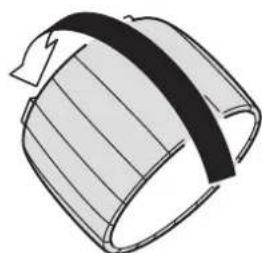 Simple line drawing of a cylindrical object with a black strap and striped pattern (no text or symbols)