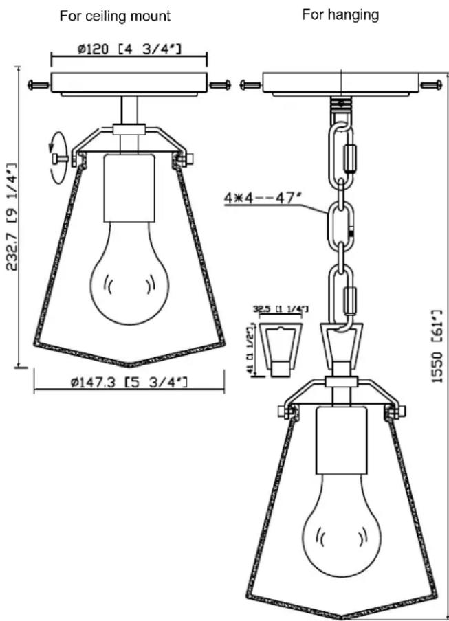 For ceiling mount φ120 [4 3/4"] 232.7 [9 1/4"] φ147.3 [5 3/4"] For hanging 4*4--47" 325 [1/4] 1550 [61"]