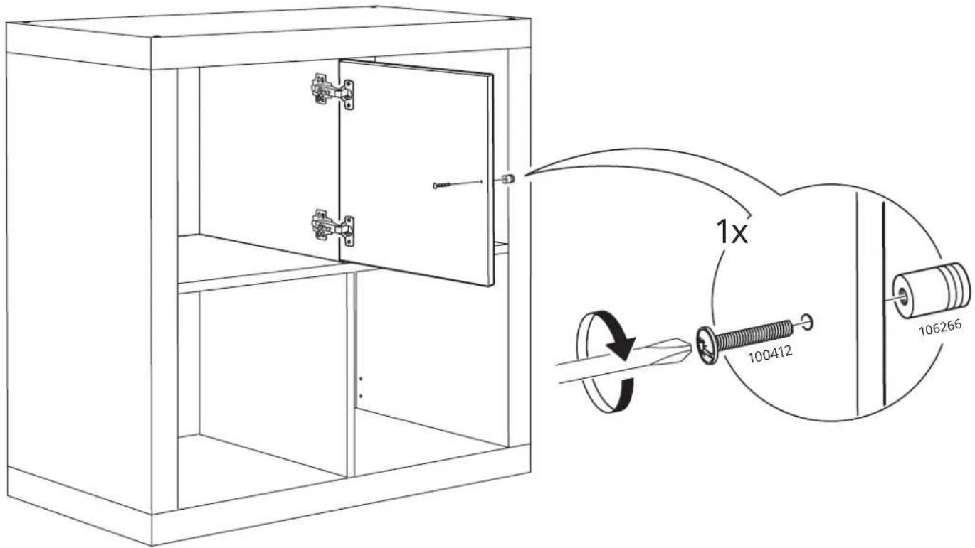 Technical diagram showing a cabinet with lock and door, annotated with dimensions and a 1x scaling indicator.