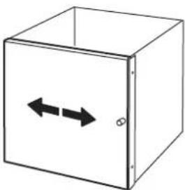Simple line drawing of a cardboard box with two bidirectional arrows on one face (no text or symbols)