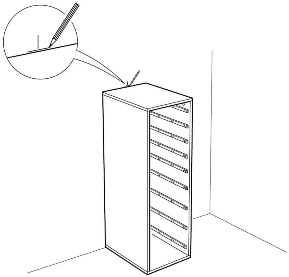 Technical diagram showing a server rack with labeled storage compartments and a magnified view of a tool tip.