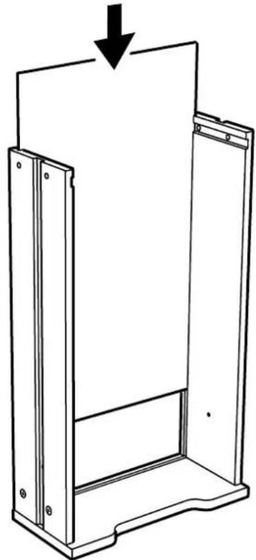 Technical line drawing of a mechanical cabinet or enclosure with an arrow indicating downward motion (no text or symbols present)