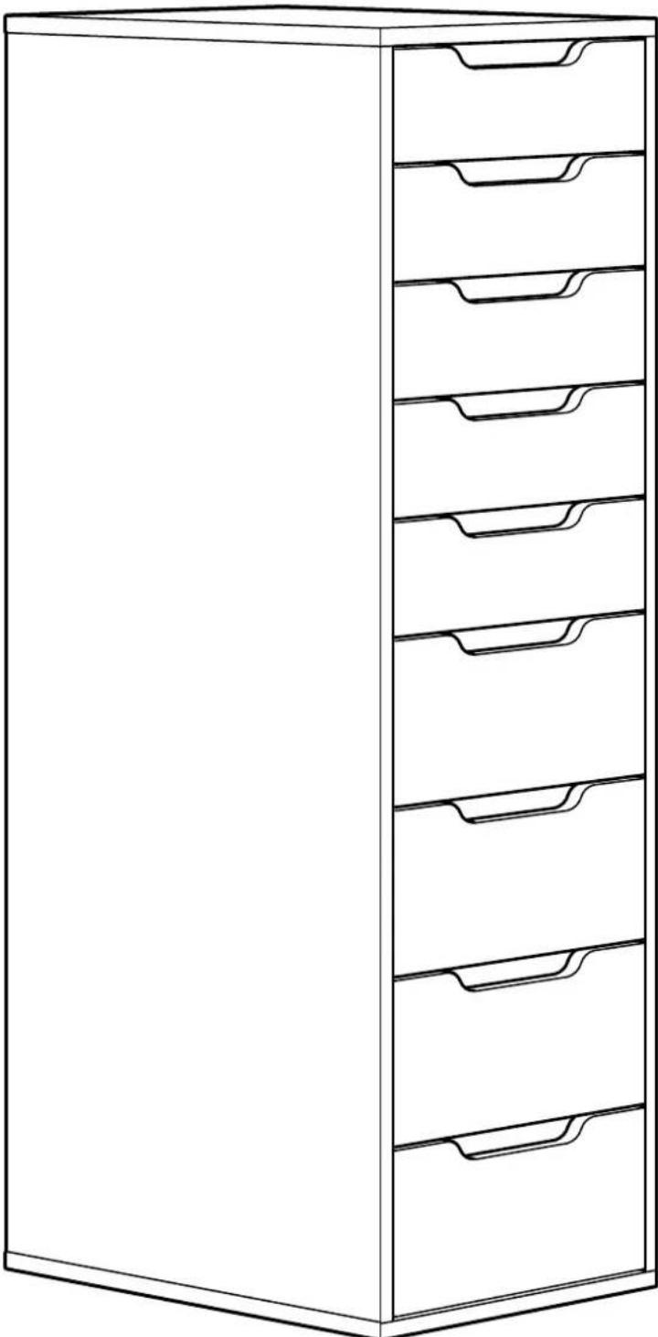 Line drawing of a multi-tiered office cabinet with drawers, no text or symbols present