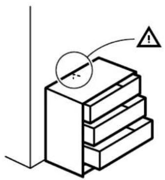 Isometric diagram of a multi-tiered cabinet with a warning symbol and an exclamation mark (no text or labels)