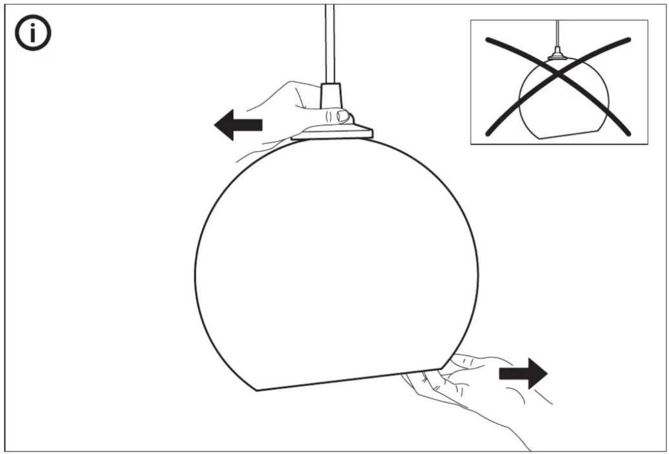 Diagram illustrating a hand holding a bulb with directional arrows and an inset showing a suspended object with cross symbols.