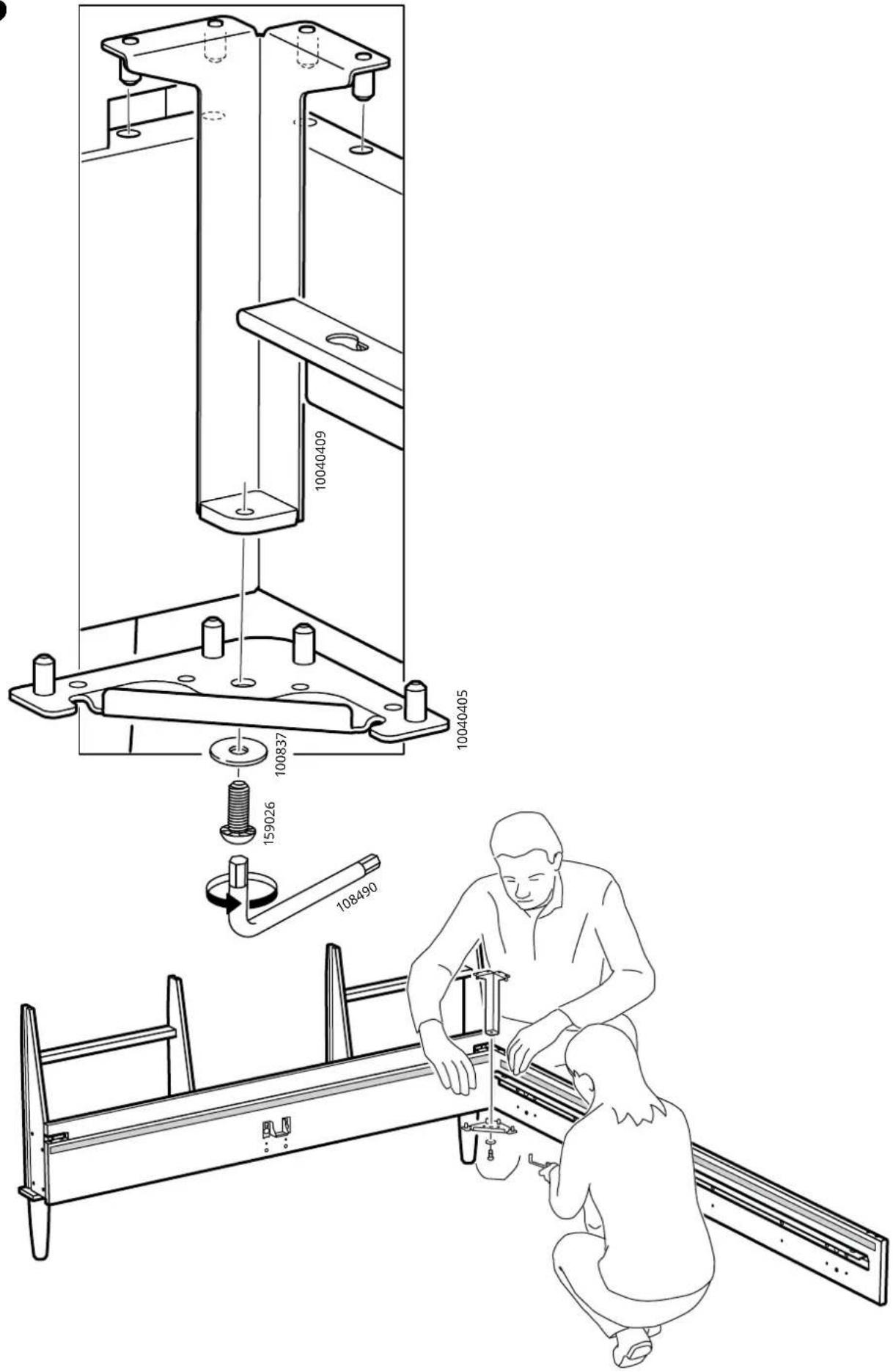 Technical diagram showing mechanical assembly with labeled components and a worker inspecting a metal frame.
