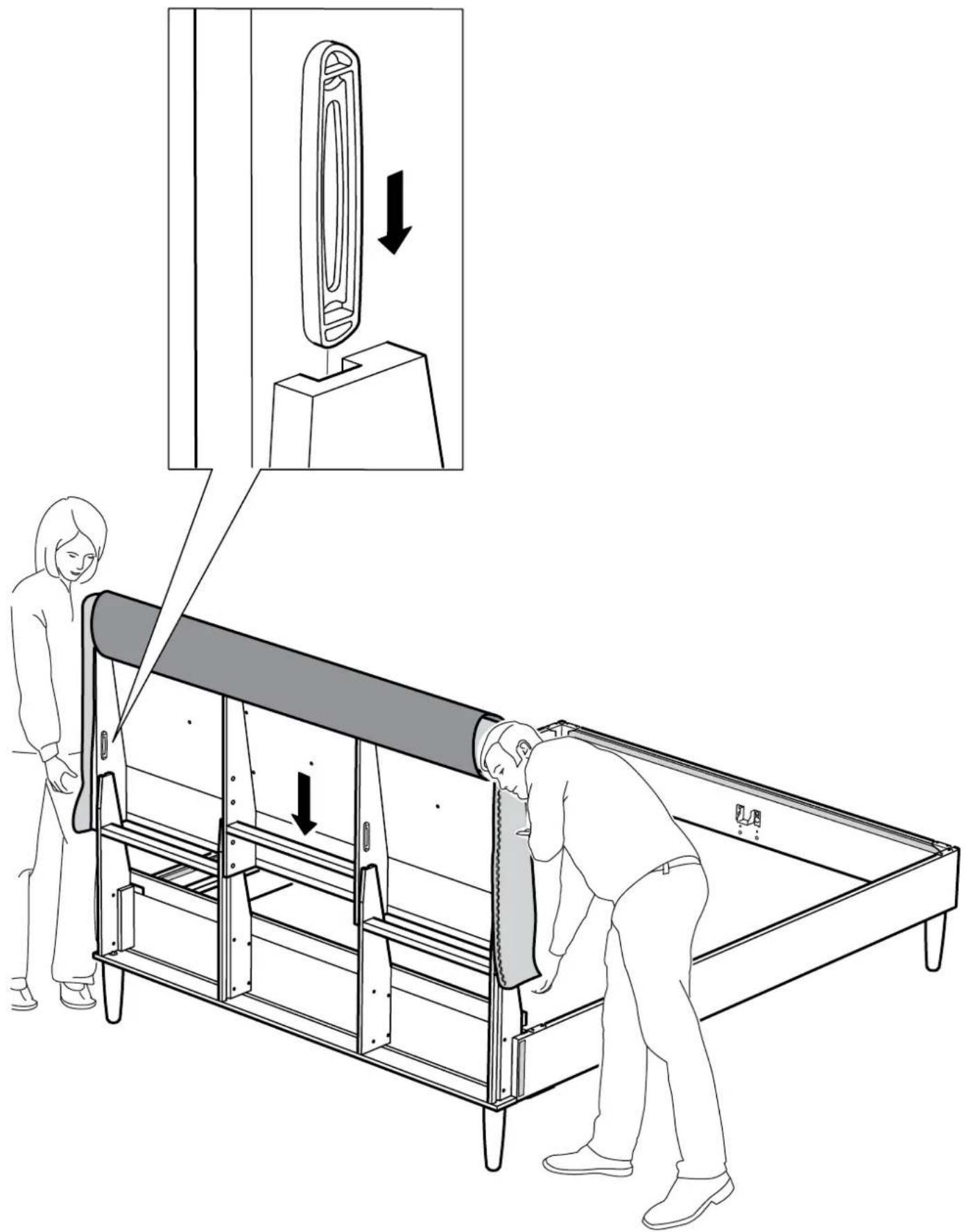 Technical diagram illustrating a mechanical assembly process with two workers, showing a close-up of a component being lifted by an angle.