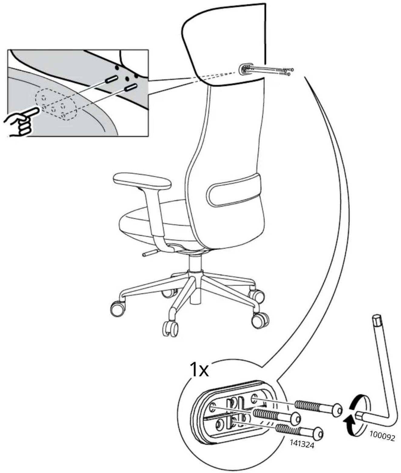 Technical diagram of an office chair with labeled parts and a magnified inset showing mechanical assembly details.