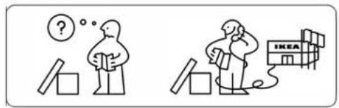 Two cartoon illustrations: one showing a person with a question mark and another showing a person holding a book next to an IKEA building.