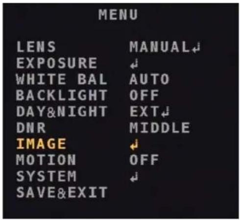 MENU LENS MANUAL EXPOSURE WHITE BAL AUTO BACKLIGHT OFF DAY&NIGHT EXT DNR MIDDLE IMAGE MOTION OFF SYSTEM SAVE&EXIT