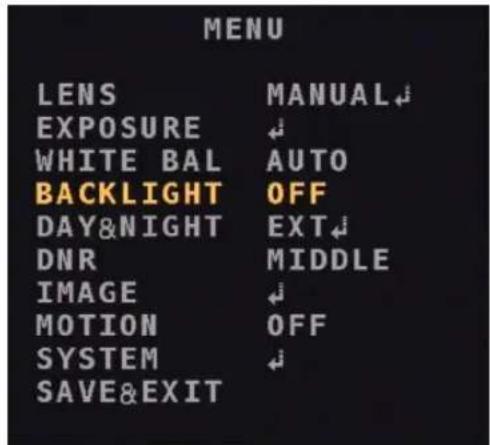 MENU LENS MANUAL EXPOSURE WHITE BAL AUTO BACKLIGHT OFF DAY&NIGHT EXT DNR MIDDLE IMAGE MOTION OFF SYSTEM SAVE&EXIT