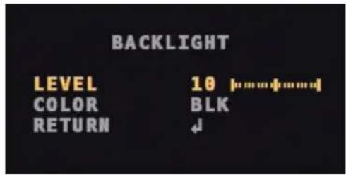 BACKLIGHT LEVEL 10 COLOR BLK RETURN ↓