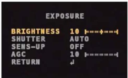 EXPOSURE BRIGHTNESS 10 SHUTTER AUTO SENS-UP OFF AGC 10 RETURN ↓