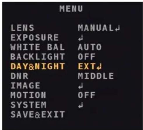 MENU LENS MANUAL EXPOSURE WHITE BAL AUTO BACKLIGHT OFF DAY&NIGHT EXT DNR MIDDLE IMAGE MOTION OFF SYSTEM SAVE&EXIT