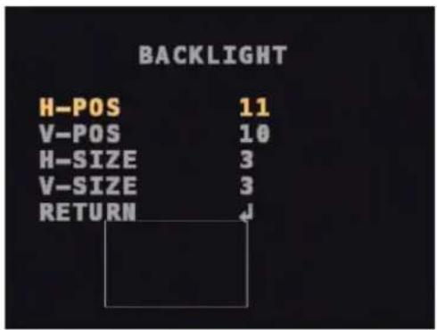 BACKLIGHT H-POS 11 V-POS 10 H-SIZE 3 V-SIZE 3 RETURN ↓