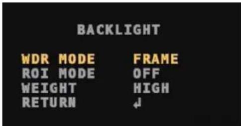 BACKLIGHT WDR MODE FRAME ROI MODE OFF WEIGHT HIGH RETURN ↓