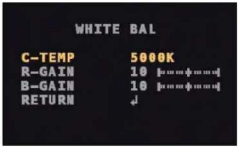 WHITE BAL C-TEMP 5000K R-GAIN 10 B-GAIN 10 RETURN ↓