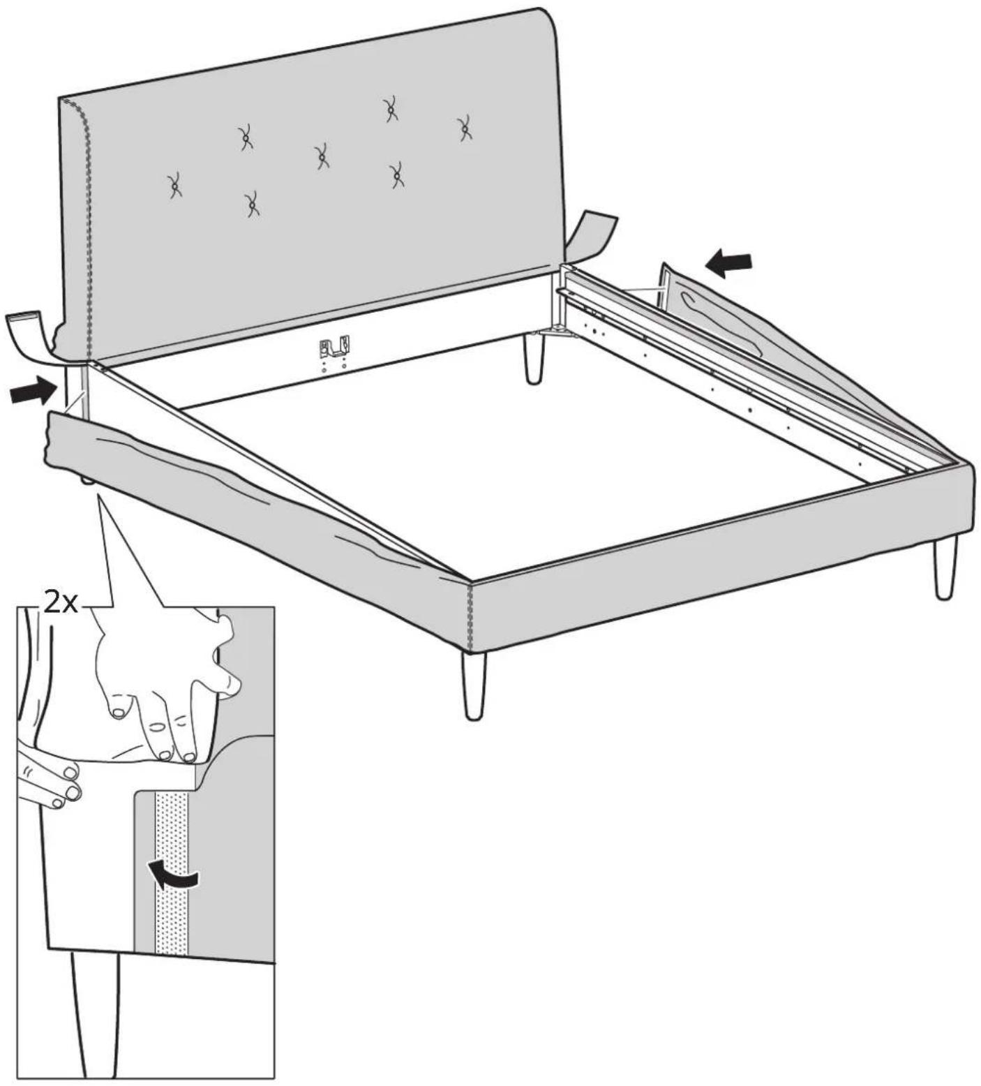 Technical diagram illustrating a folding or folding process on a bed, with labeled parts and directional arrows indicating movement.