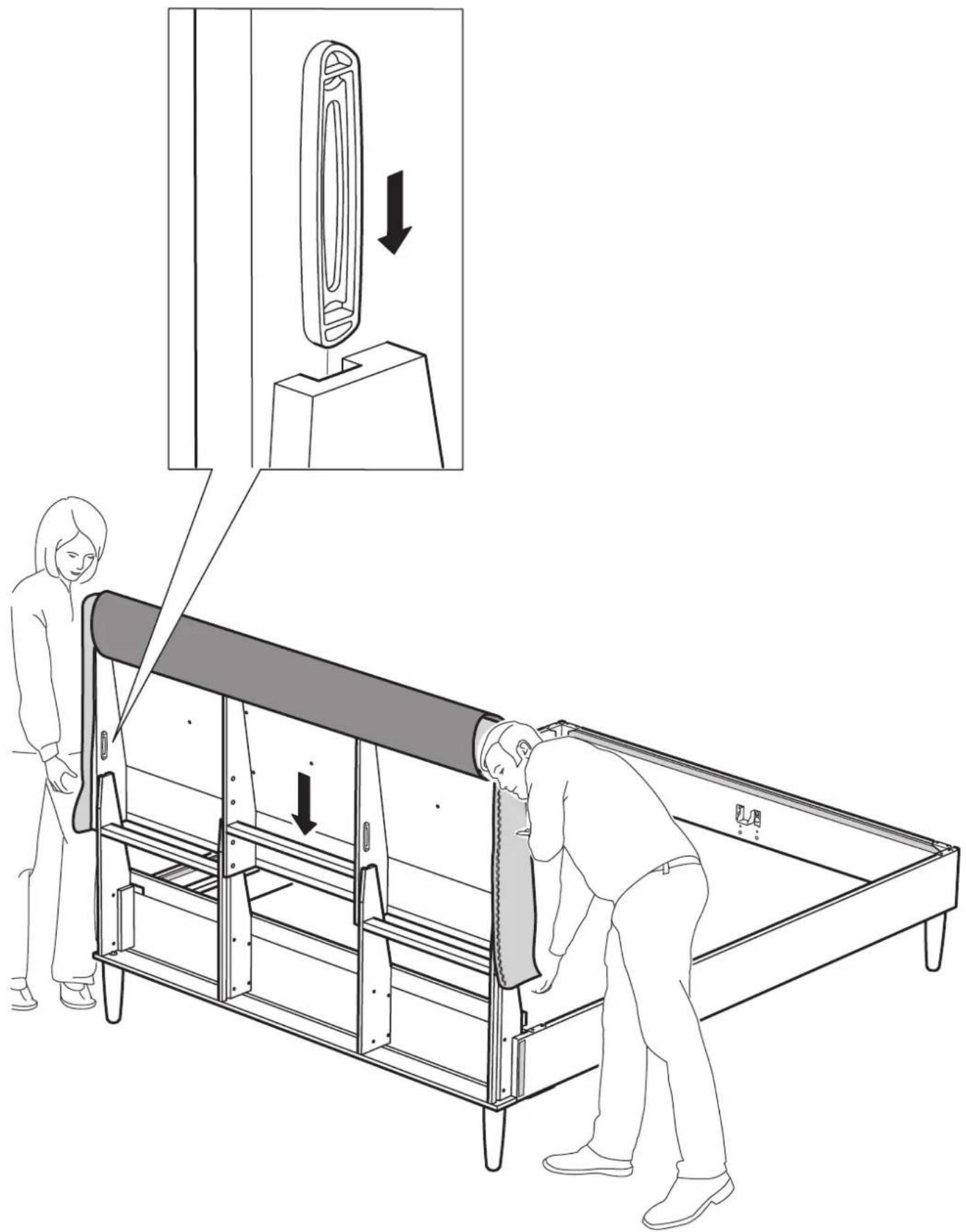 Technical diagram illustrating a mechanical assembly process with two workers, showing a close-up of a component being adjusted.