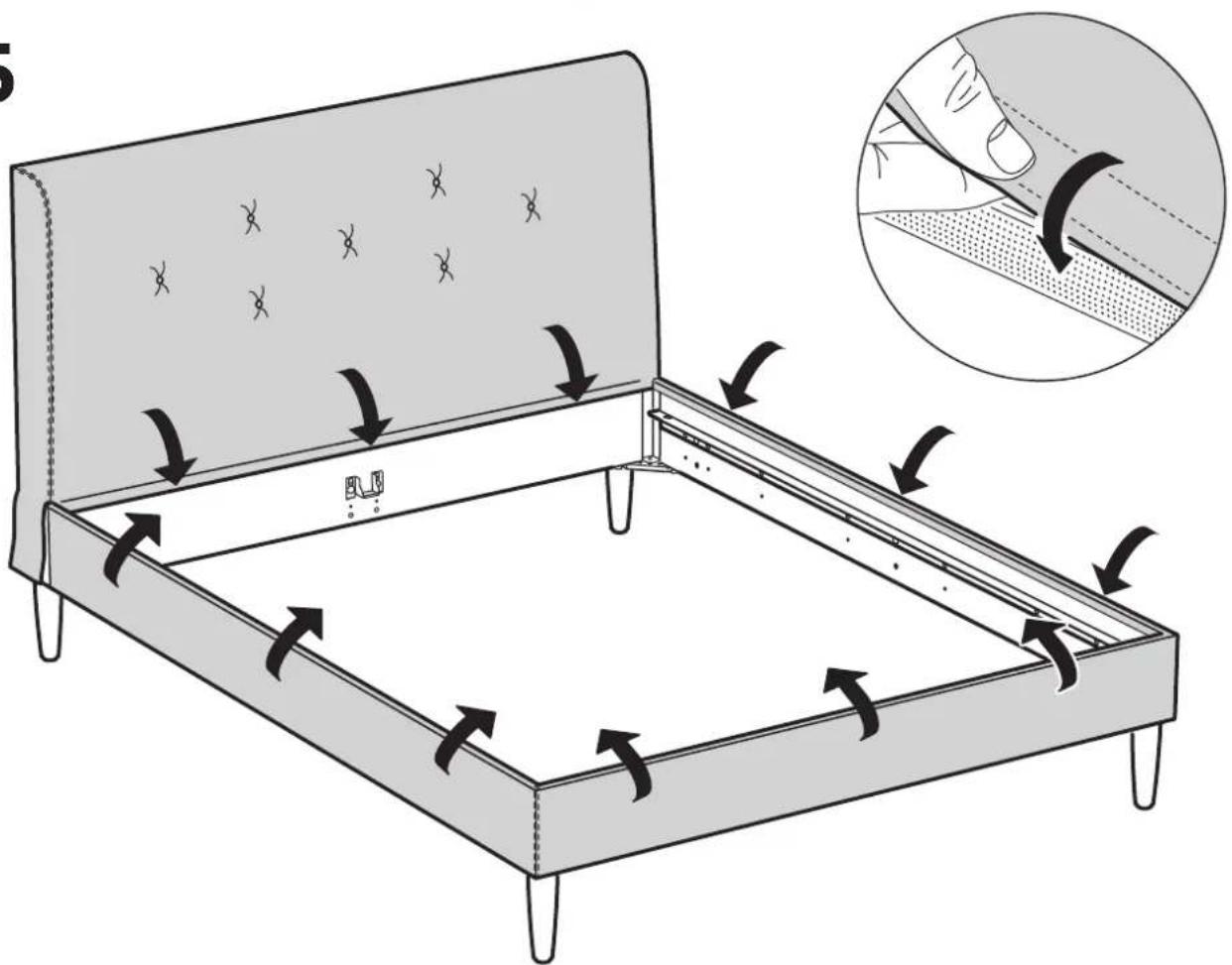 Diagram illustrating fabric rolling process with arrows indicating movement and a magnified inset showing hand pressing down on a textured surface.