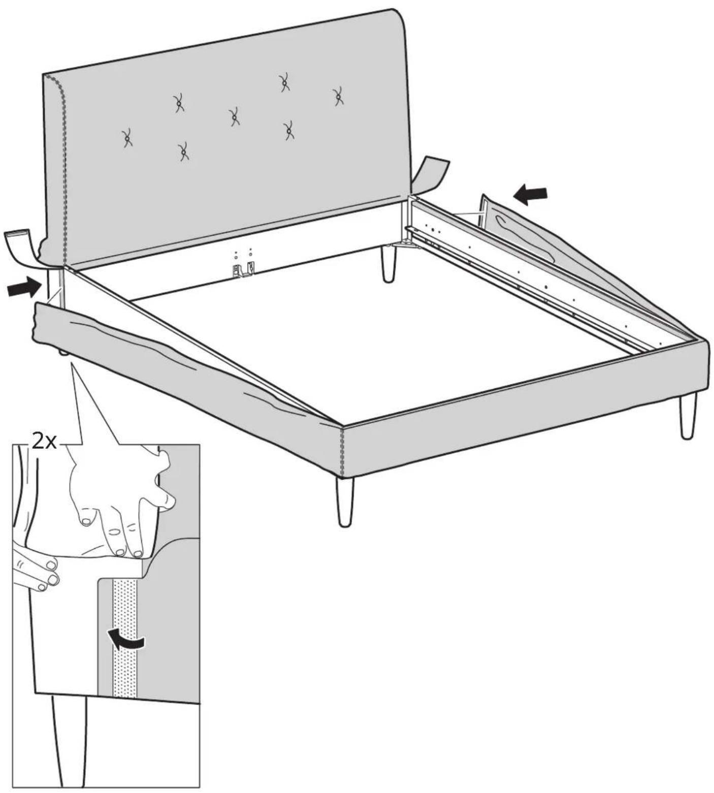 Technical diagram of a bed with labeled parts and 2x magnified view showing hand positioning and structural change.