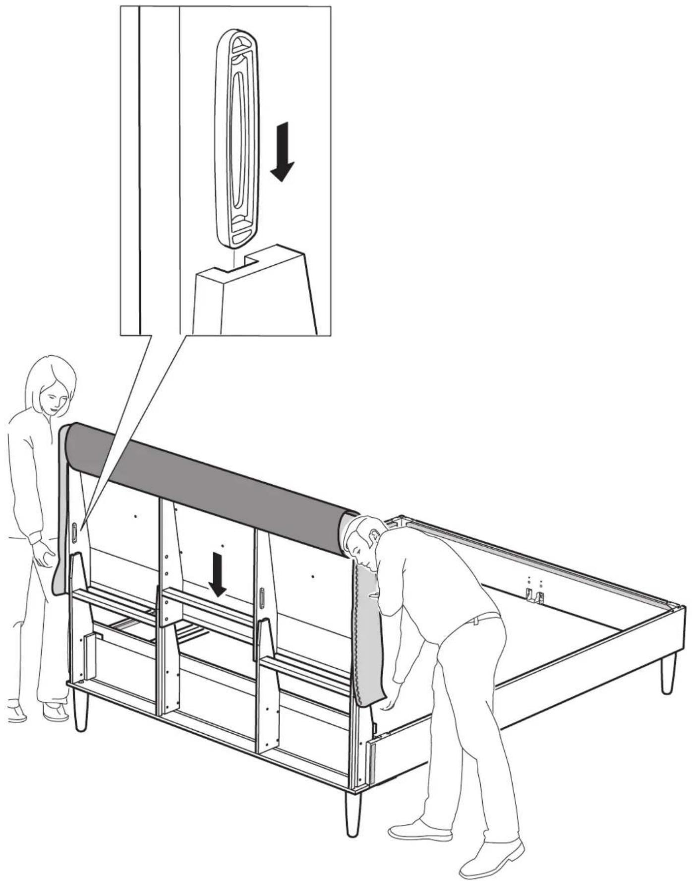 Technical diagram illustrating a mechanical assembly process with labeled components and directional arrows indicating motion or assembly steps.