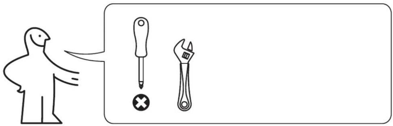 Diagram showing a person pointing to two tools: a screwdriver and an adjustable wrench, with a cross symbol indicating incorrect inspection.