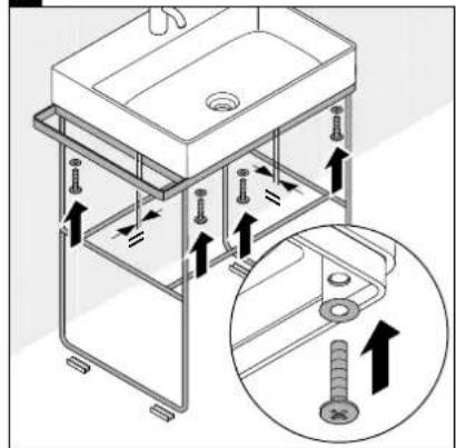 Technical diagram of a bathroom sink with labeled components and directional arrows indicating assembly or installation steps