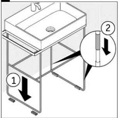 Diagram of a bathroom sink with labeled parts and directional arrows indicating movement or positioning