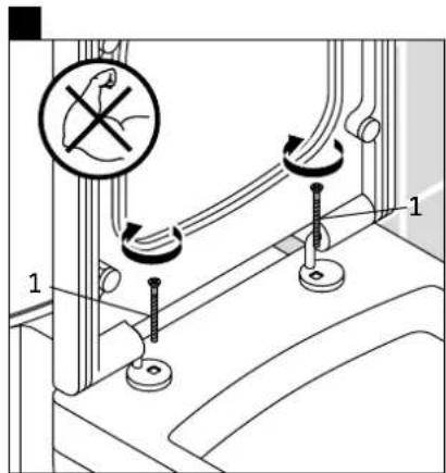 Technical diagram showing mechanical assembly with labeled components and a warning symbol