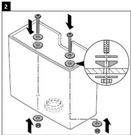 Technical diagram showing a battery cell with screw and nut components, including an inset close-up of internal structure.