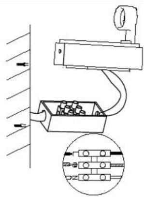 Technical diagram showing a surveillance camera mounted on a wall with an inset close-up of its internal components.